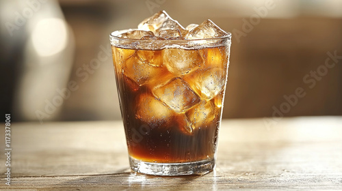 Iced soda glass on table, blurred cafe background, refreshing drink photo