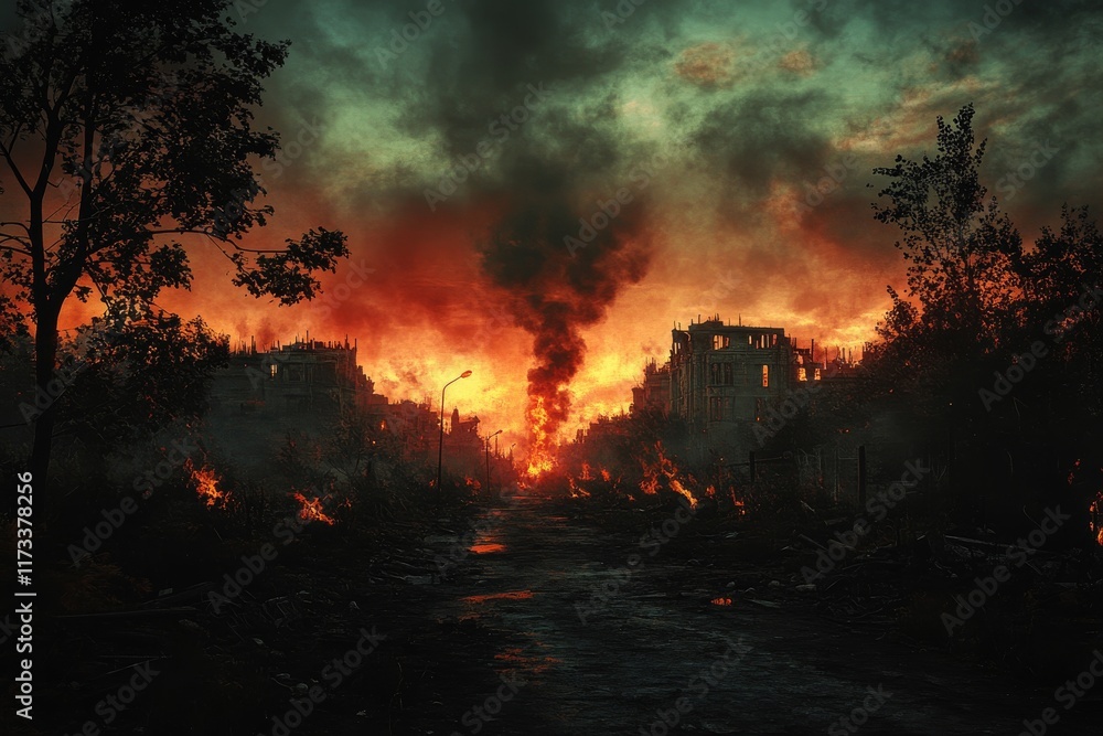 Naklejka premium Destruction unfolds in a burning urban landscape during sunset aftermath