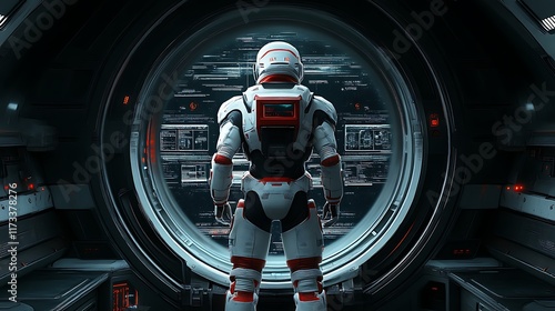 Fototapeta Naklejka Na Ścianę i Meble -  Astronaut viewing digital data through spaceship portal.