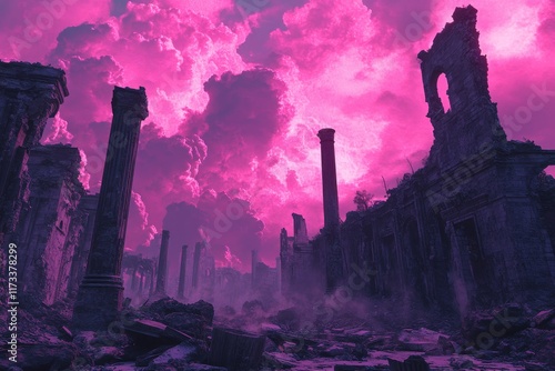 Captivating view of a crumbling city with dramatic pink skies at dusk photo