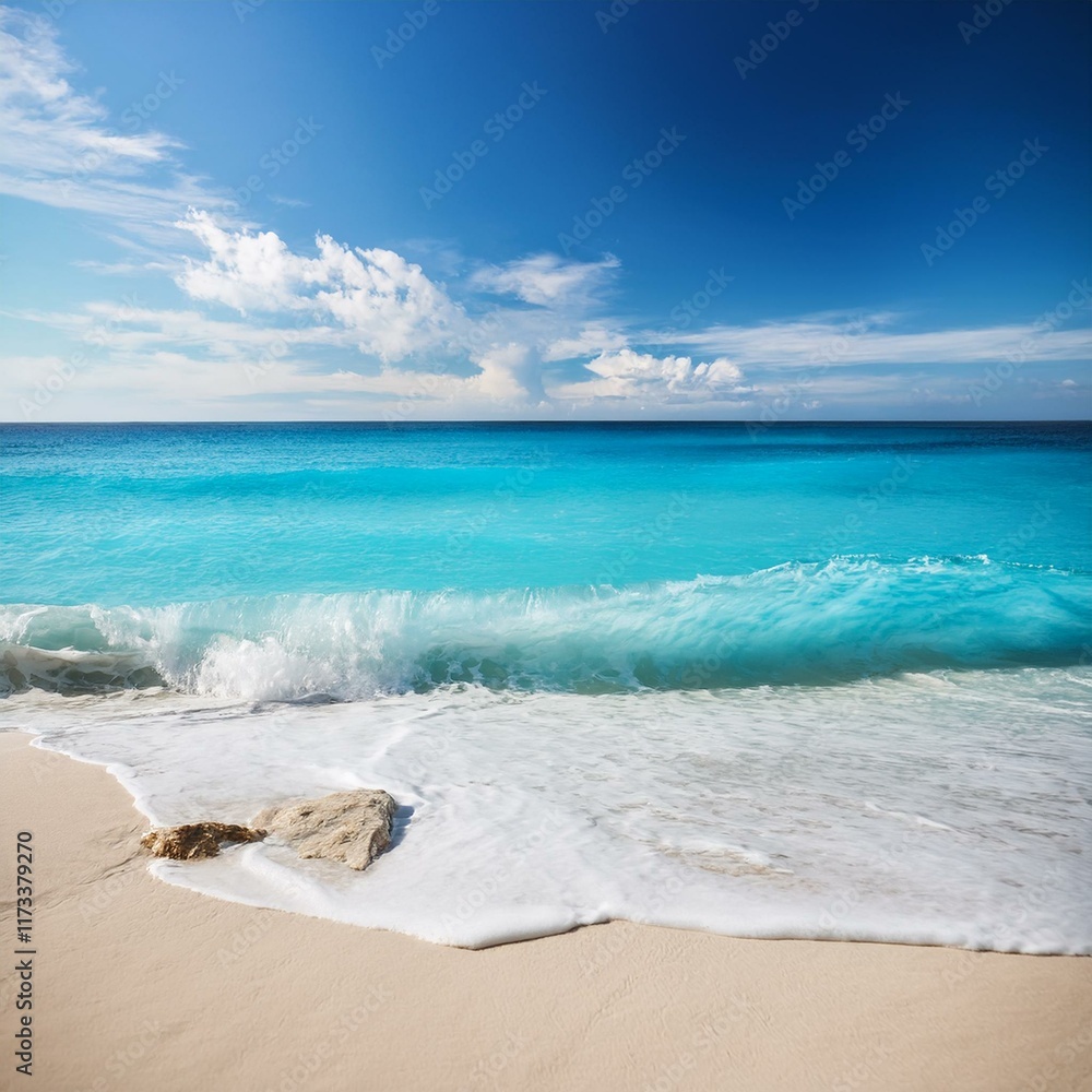 Beautiful sandy beach and soft blue ocean wave. Sea background