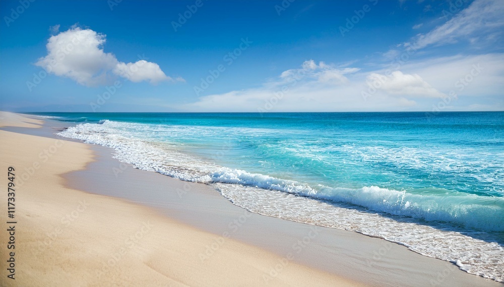 Beautiful sandy beach and soft blue ocean wave. Sea background Beautiful sandy beach and soft blue ocean wave. Sea background