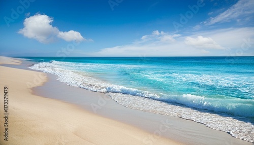 Beautiful sandy beach and soft blue ocean wave. Sea background