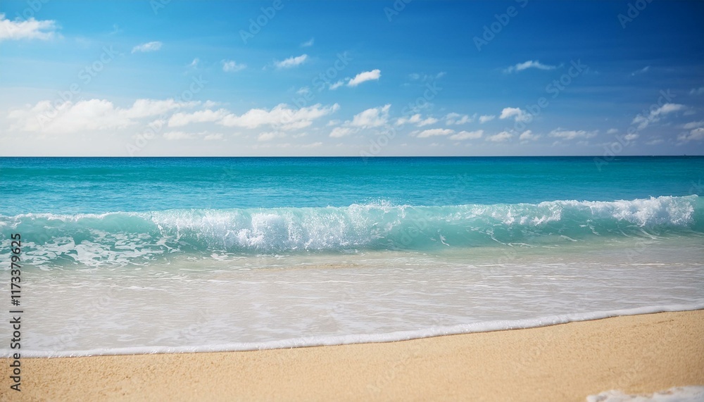 Fototapeta premium Beautiful sandy beach and soft blue ocean wave. Sea background