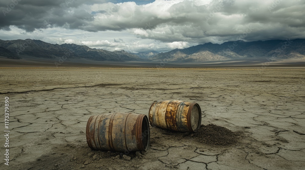 Rusted barrels on cracked soil, surrounded by a vast barren landscape and towering mountains, under cloudy skies, capturing the essence of environmental degradation Rusted barrels on cracked soil, surrounded by a vast barren landscape and towering mountains, under cloudy skies, capturing the essence of environmental degradation