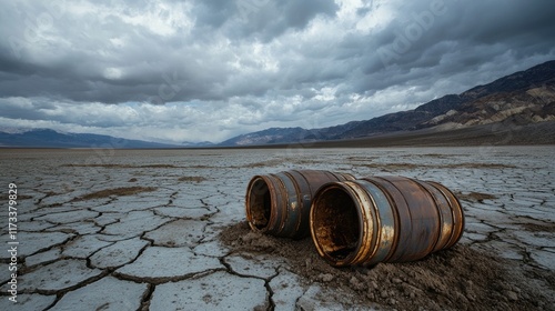 Rusted barrels on cracked soil, surrounded by a vast barren landscape and towering mountains, under cloudy skies, capturing the essence of environmental degradation