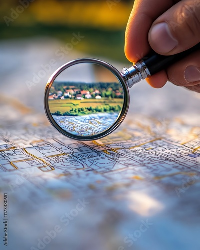 Real estate investor searching for land to buy, magnifier in hand over detailed cadastre map, vacant land for sale with potential for housing development and subdivision photo