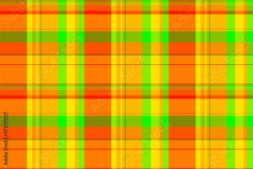 Vibrant plaid pattern in bold orange, yellow, and green hues. Ideal for textile design, website backgrounds, or any project needing a lively, energetic aesthetic.