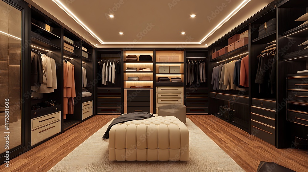 Naklejka premium Shared closet with separate sections for him and her, featuring coordinated storage solutions