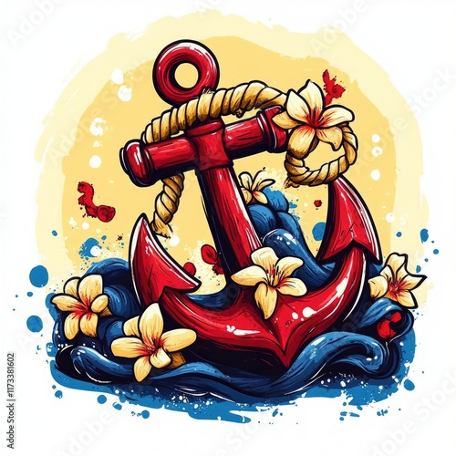 A vibrant red anchor entwined with rope and flowers, set against a colorful background. photo