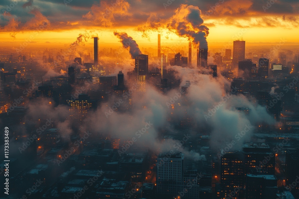 City skyline at sunset with smoke rising from buildings in a busy urban landscape City skyline at sunset with smoke rising from buildings in a busy urban landscape
