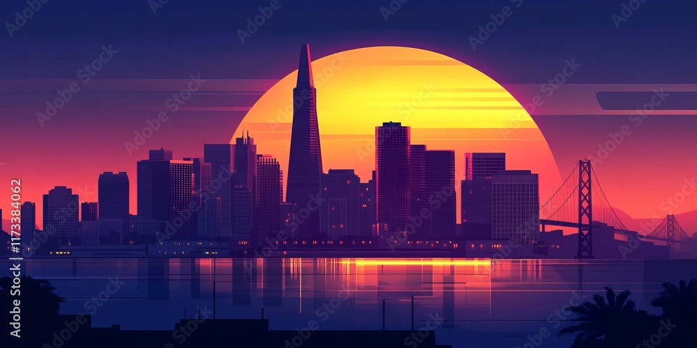Fototapeta premium A breathtaking view of a city skyline at sunset, featuring a prominent bridge and vibrant colors reflecting on the water.