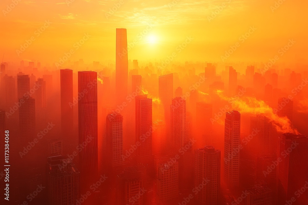 Sunrise over a sprawling city skyline enveloped in orange hues and soft misty atmosphere Sunrise over a sprawling city skyline enveloped in orange hues and soft misty atmosphere