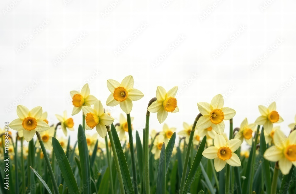 Fototapeta premium spring floral background. field of blooming daffodils on white. mockup for women's day