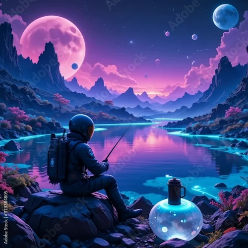 Astronaut fishing in a lake made of neon liquid on an alien planet, with a thermos of coffee beside them