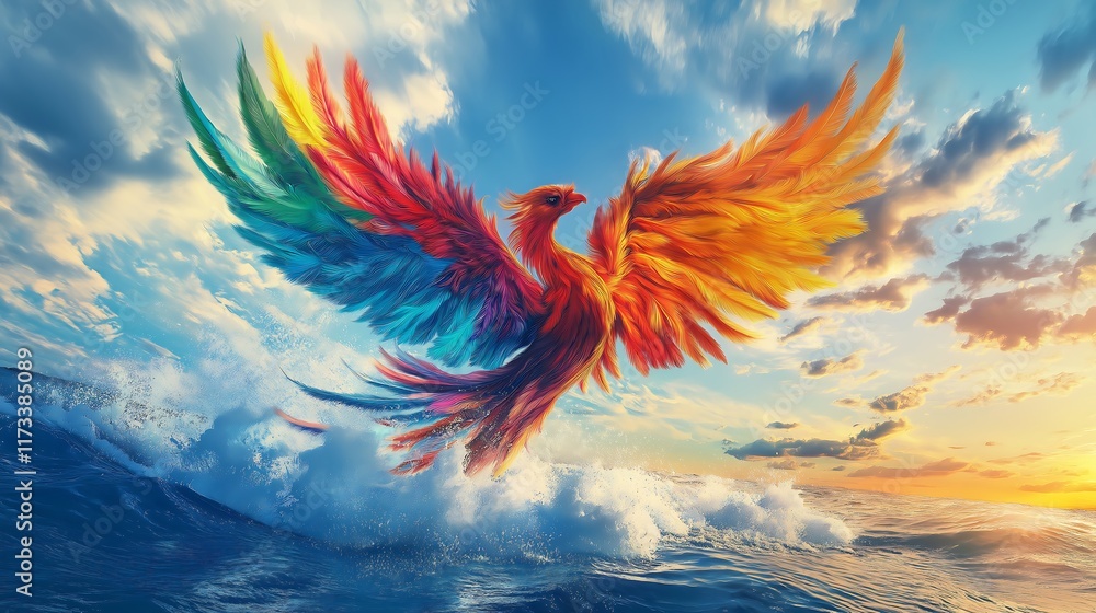 Obraz premium A multicolored phoenix rising from a sea, symbolizing rebirth and the power of creative imagination.