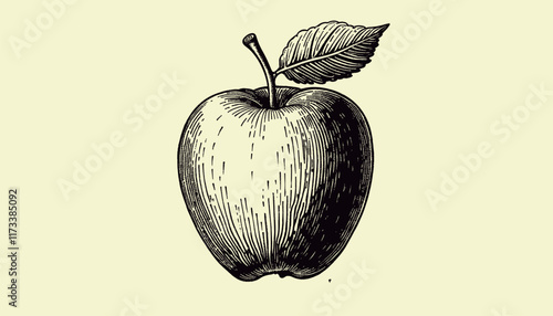 Intricate vintage apple engraving in black and sepia tones with detailed linework, illustration