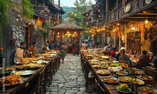 A magical Medieval feast unfolds in a charming stone street, bathed in the warm glow of lanterns as people gather for a delightful community dinner.  The long tables overflow with a delicious variety