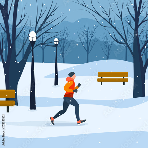 Winter illustration of a person jogging in a snowy park. Includes trees, benches, streetlights, and falling snow. A calm winter scene promoting outdoor activity and a healthy lifestyle.