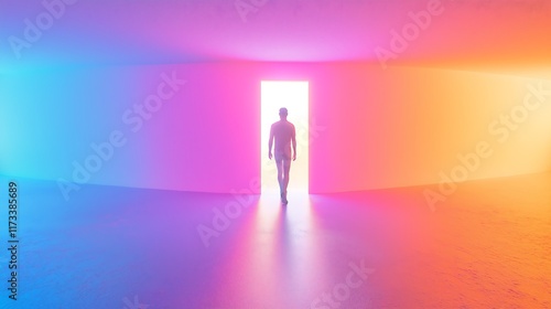 An abstract figure walking through a door into a glowing world of pastel colors, symbolizing a passage to imagination.
