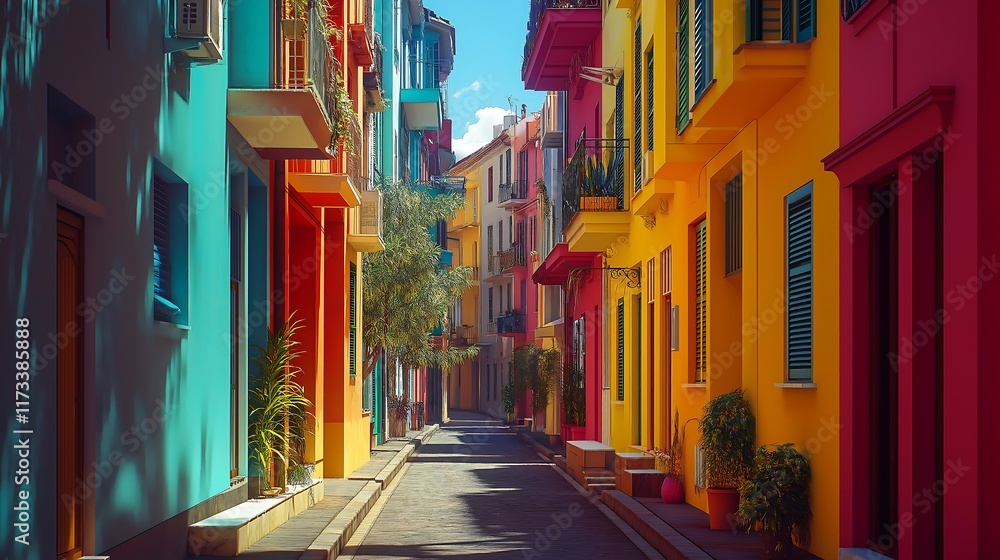 Fototapeta premium Brightly colored city streets where buildings shift and change hues, visualizing an imaginative urban landscape.