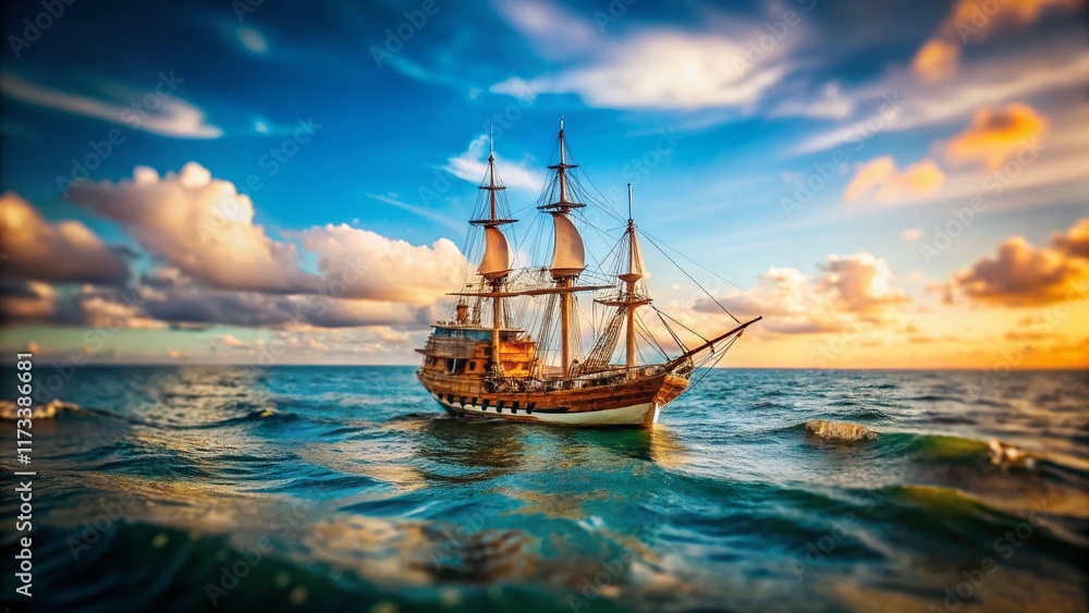 Miniature 18th Century Exploration Ship, Ocean Voyage, Tilt-Shift Photography Miniature 18th Century Exploration Ship, Ocean Voyage, Tilt-Shift Photography