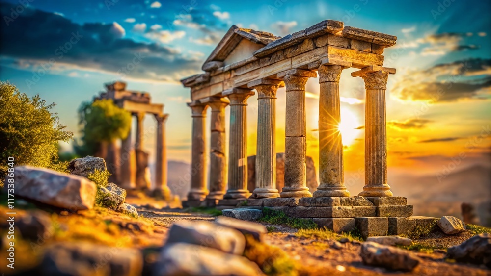 Obraz premium Miniature Ancient Greek Temple Ruins: Two Columns, Tilt-Shift Photography