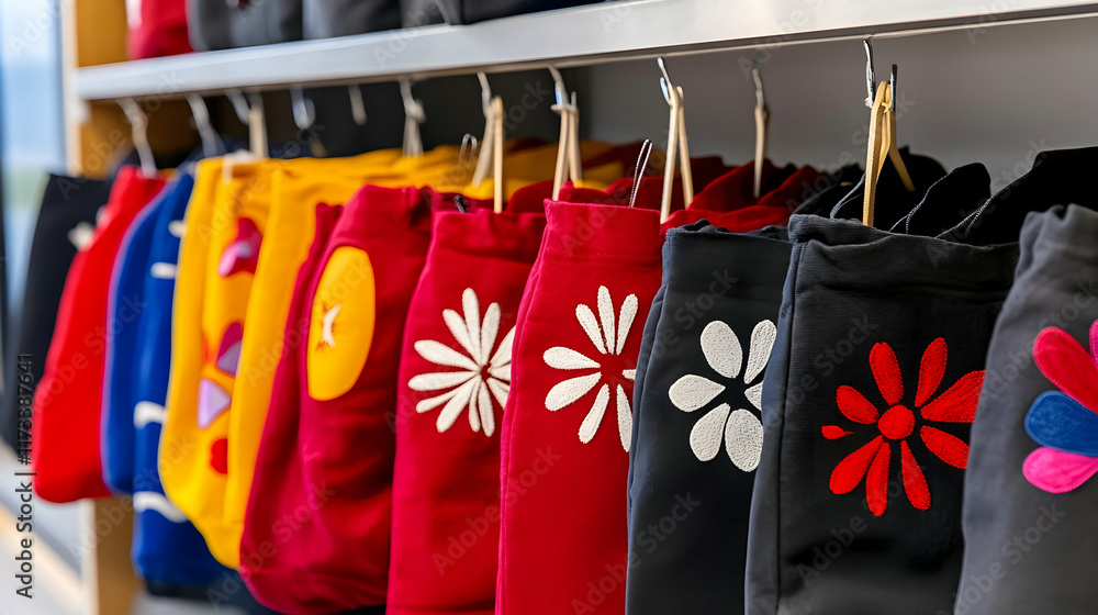 Fototapeta premium Colorful tote bags displayed on a shelf in a shop, showcasing floral designs. Perfect for online retail or store displays.