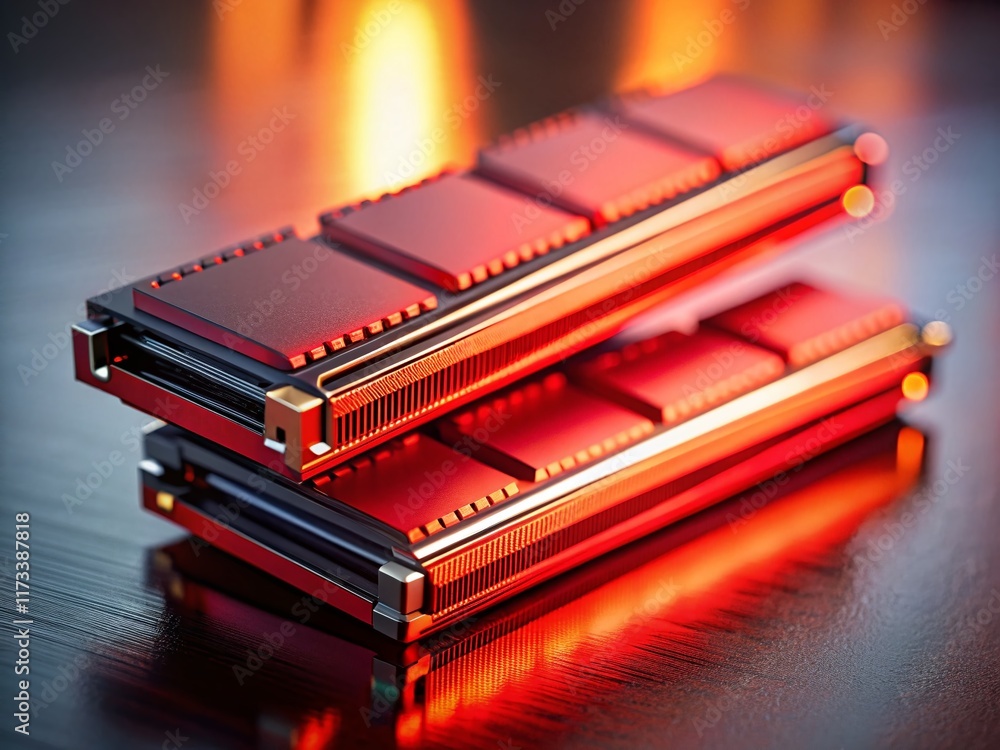 Miniature DDR4 RAM Modules with Red Heat Spreaders on Smooth Surface - Tilt-Shift Photography Miniature DDR4 RAM Modules with Red Heat Spreaders on Smooth Surface - Tilt-Shift Photography