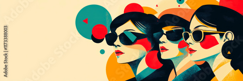 Flat 60's style illustration about women's right to vote, with a group of different women together, with geometric elements in a minimalist style