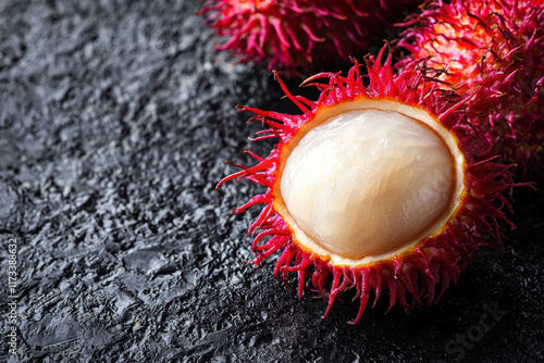 Fresh rambutan fruit opened on dark wet slate, more in background, for food visuals photo