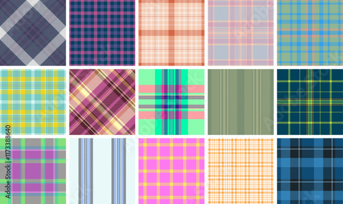 Vibrant collection of 15 unique plaid patterns. Perfect for textile design, fashion, websites, or any project needing a touch of stylish texture.