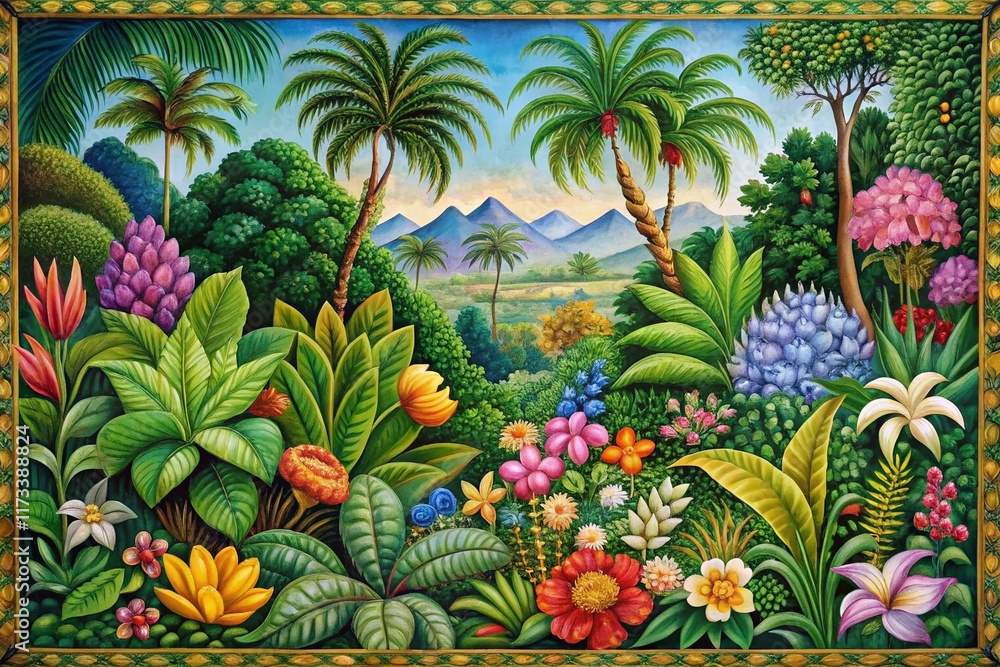 Obraz premium Miniature Indian Painting: Lush Tropical Foliage, Vibrant Colors, Exotic Plants
