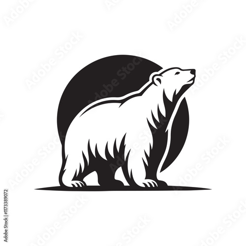 Powerful Polar Bear Silhouette Against a Dark Circle, A bold, black and white silhouette of a polar bear, facing forward and looking upward.