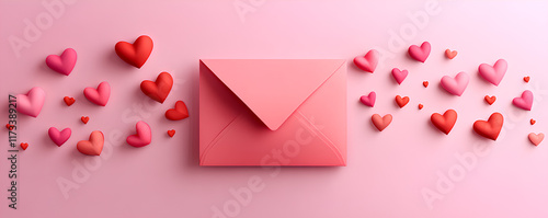 Pink envelope sending and receiving hearts on a pink background, perfect for valentine's day or romantic celebrations