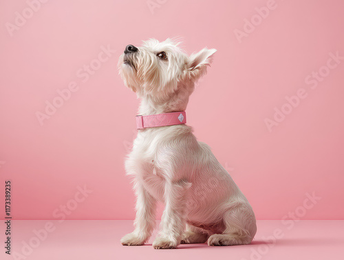 Adorable West Highland White Terrier puppy sitting on pink background, wearing a pink collar, looking up. photo