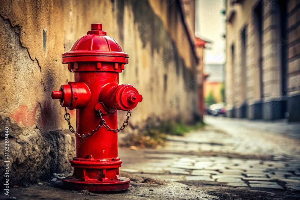 Miniature Red Fire Hydrant by Cracked Grey Wall - Tilt-Shift Photography Stock Photo Miniature Red Fire Hydrant by Cracked Grey Wall - Tilt-Shift Photography Stock Photo