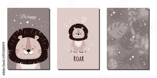 A set of cute postcard or poster templates and a beautiful background with a funny hand-drawn lion and tropical leaves. Vector illustrations for invitations, greeting cards, posters and more.