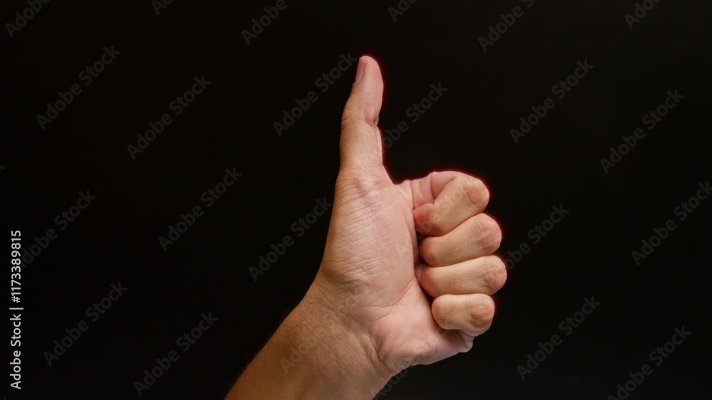 Man showing a hand gesture of a thumbs up against a solid black background, conveying approval and positivity Man showing a hand gesture of a thumbs up against a solid black background, conveying approval and positivity