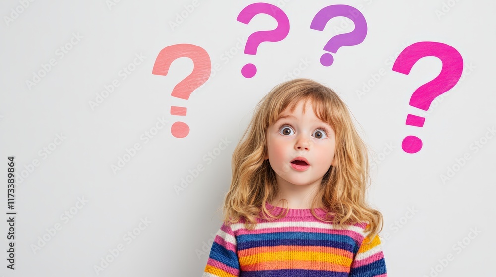 Surprised little girl with wide open eyes is standing in front of a white wall with colorful question marks hovering above her head, evoking curiosity and the process of learning Surprised little girl with wide open eyes is standing in front of a white wall with colorful question marks hovering above her head, evoking curiosity and the process of learning