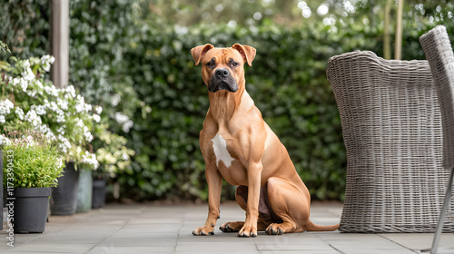 boxer dog sitting alertly on patio surrounded by greenery and flowers