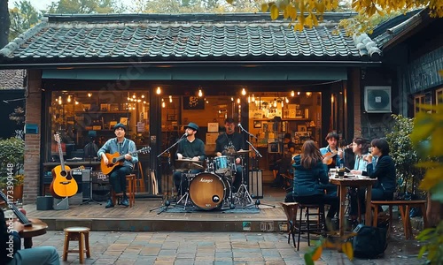 Acoustic Band Plays Live Music in a Cozy Outdoor Cafe in China. Friends enjoy drinks and good times during a vibrant evening performance