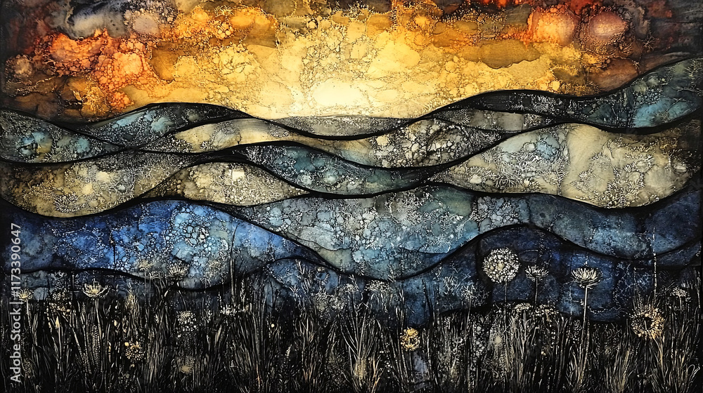 Naklejka premium Radiant abstract art capturing the essence of a mesmerizing sunrise over rolling waves