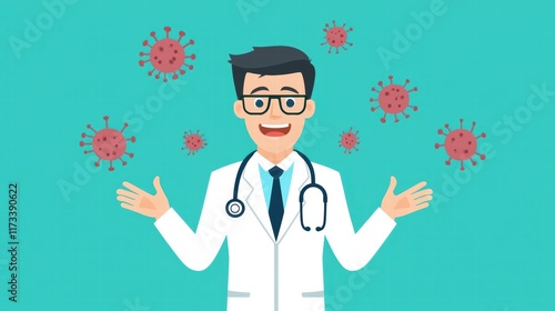 Engaging Illustration of Medical Professional with Virus Concepts on Colorful Background