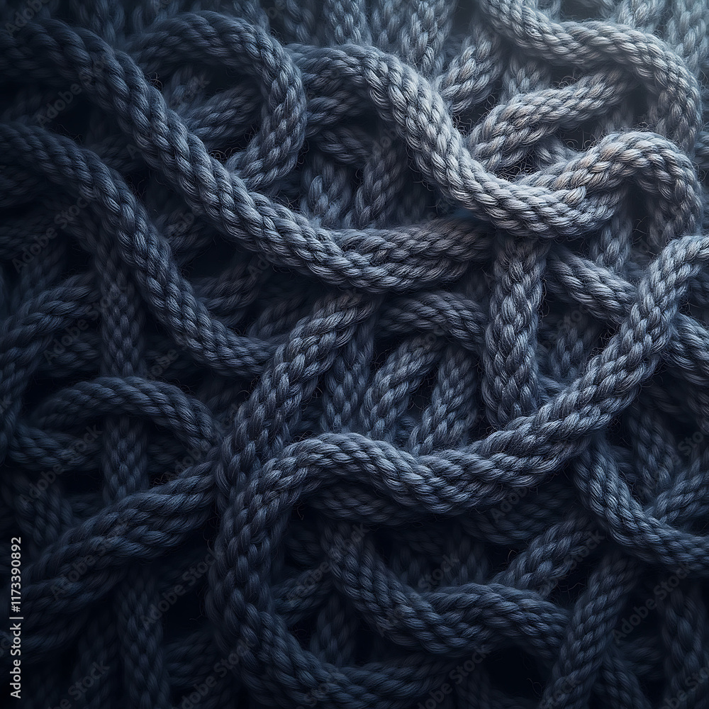 Tangled blue ropes forming intricate patterns with dark background and texture Tangled blue ropes forming intricate patterns with dark background and texture