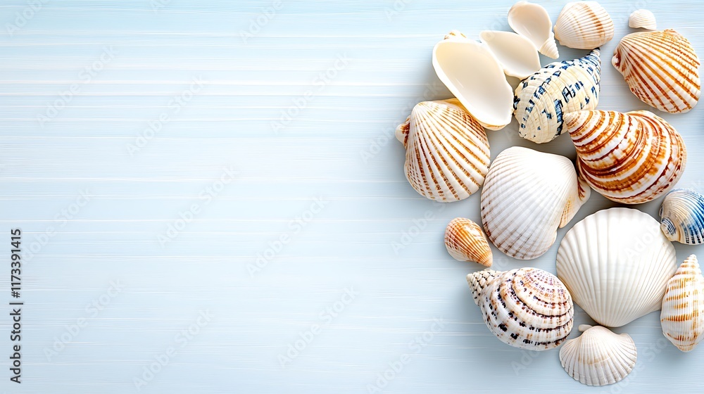 Seashells on Blue Wood Background Summer Vacation Concept Seashells on Blue Wood Background Summer Vacation Concept