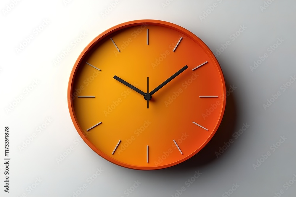 Modern orange wall clock showing the time. Clean design, minimalist aesthetic. Modern orange wall clock showing the time. Clean design, minimalist aesthetic.