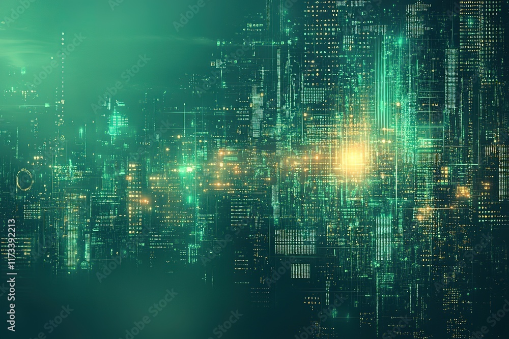 Abstract digital cityscape at night, glowing green and gold data streams. Abstract digital cityscape at night, glowing green and gold data streams.