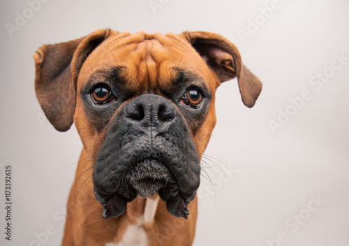 Close-up portrait of a boxer dog sitting in front of a white background