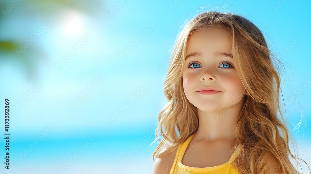 Smiling little girl enjoying a sunny beach day with a happy expression and ocean waves in the background Smiling little girl enjoying a sunny beach day with a happy expression and ocean waves in the background